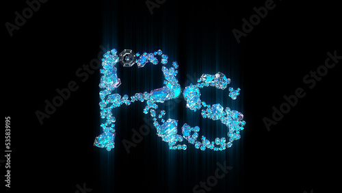 blue diamonds or ice crystals rupee symbol on black background, isolated - object 3D rendering
