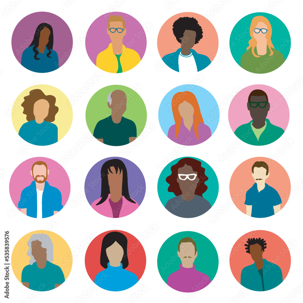 Set of ethnically diverse and mixed age avatars in colored circles. Flat vector illustration isolated on white background. Set of ethnically diverse and mixed age avatars in colored circles. Flat vector illustration isolated on white background.