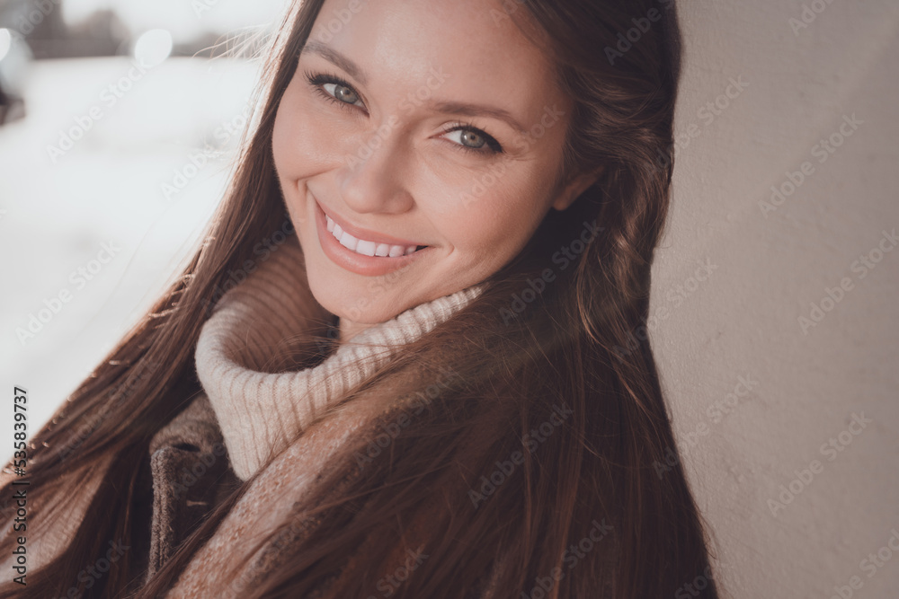 Close up photo of cheerful cute nice sweet lady dressed stylish comfort cozy clothes outfit free time pastime promenade good mood outdoors Close up photo of cheerful cute nice sweet lady dressed stylish comfort cozy clothes outfit free time pastime promenade good mood outdoors