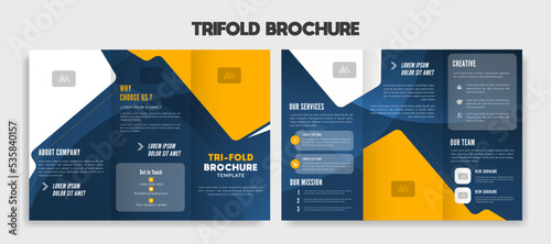 editable Modern trifold business brochure template with yellow and blue background.