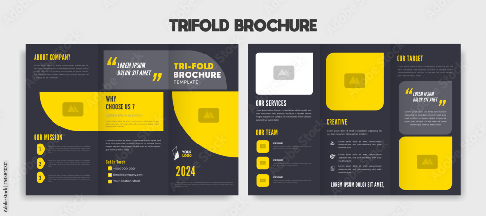 editable Modern trifold business brochure template with blue and yellow background.