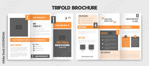 editable Modern trifold business brochure template with black, orange and white background.