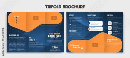 editable Modern trifold business brochure template wiyh blue and orange background.