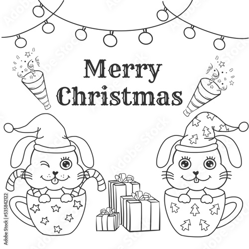 set of christmas coloring page about bunny. On transparent backgound, printable with high quality.