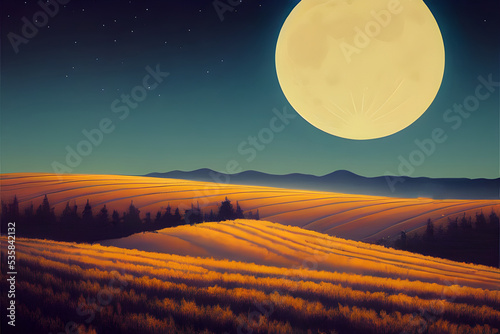 A full harvest moon shines over the fields. 