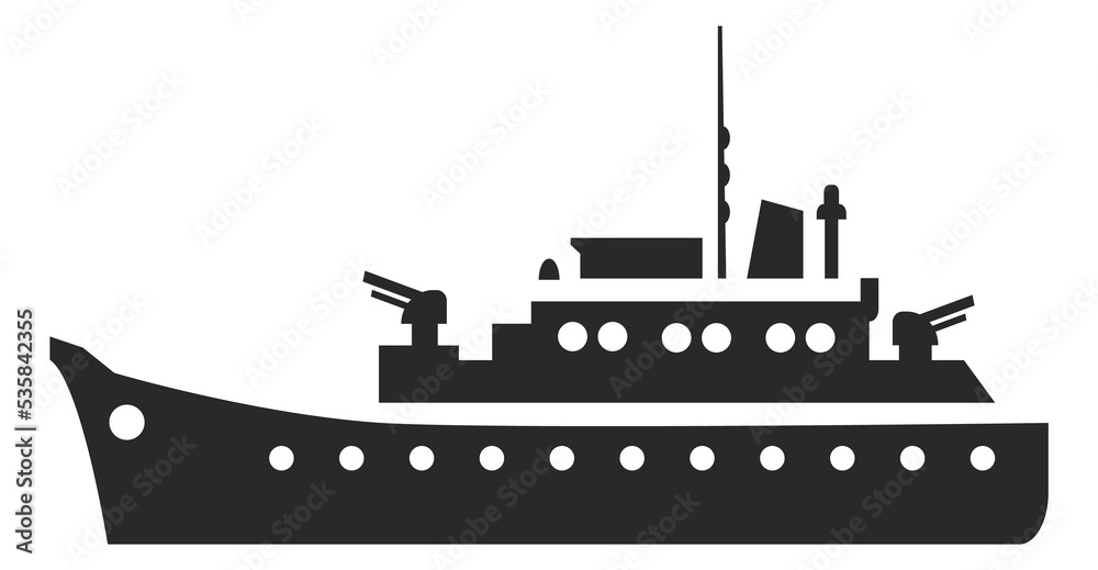 Fototapeta premium Warship icon. Military sea ship. Navy force patrol