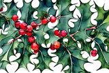 branch of holly on christmas - watercolor painting illustration 