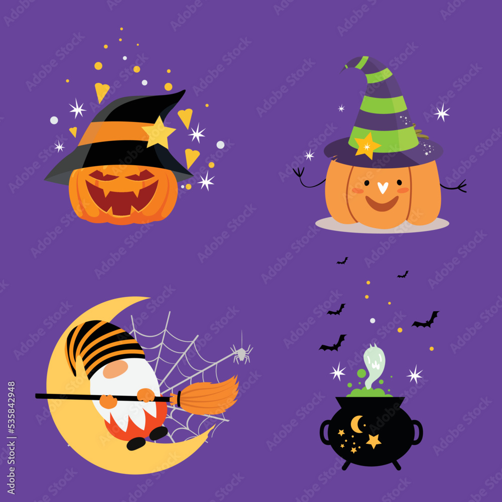 Halloween gnomes with pumpkins and witch potion, cauldron  hat  spider net  vector illustration
