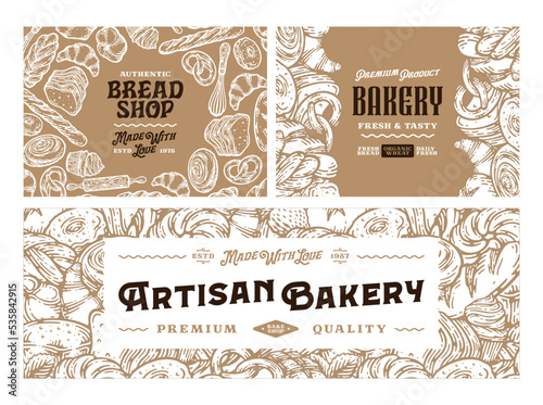 Vintage bakery banners with hand-drawn bakery products. Bread and bakery illustrations, vector food icons