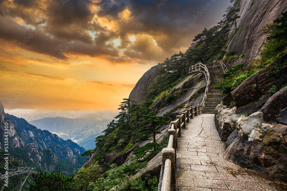 Lonely and beautiful mountain pathway carved on stone at Mount ...