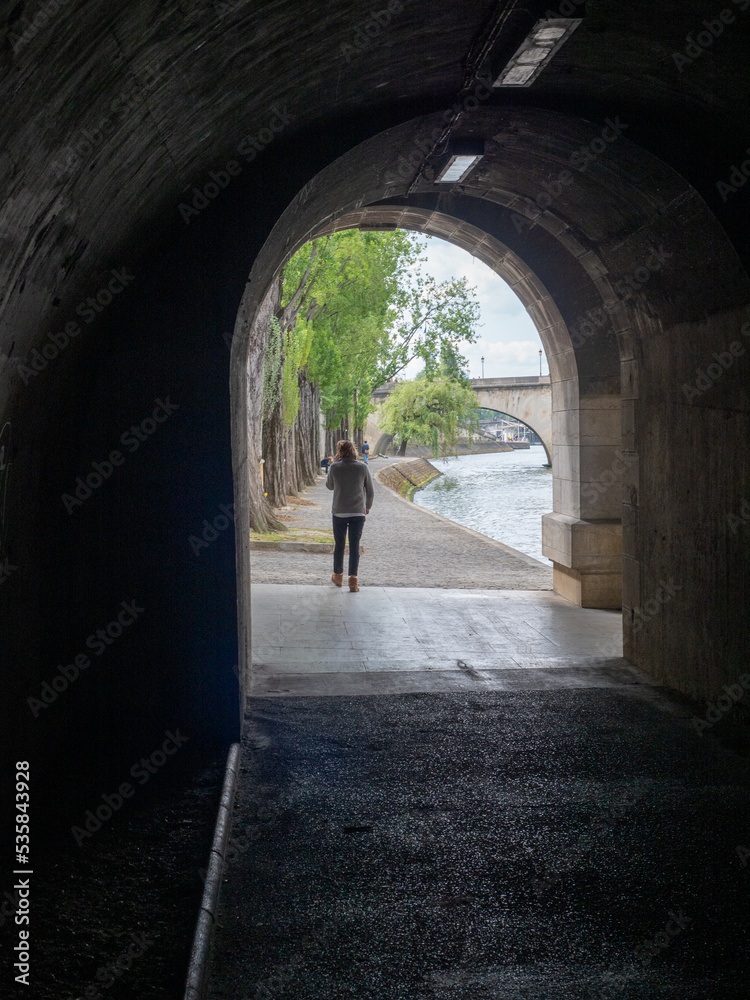 Walking through the Seine River tunnel