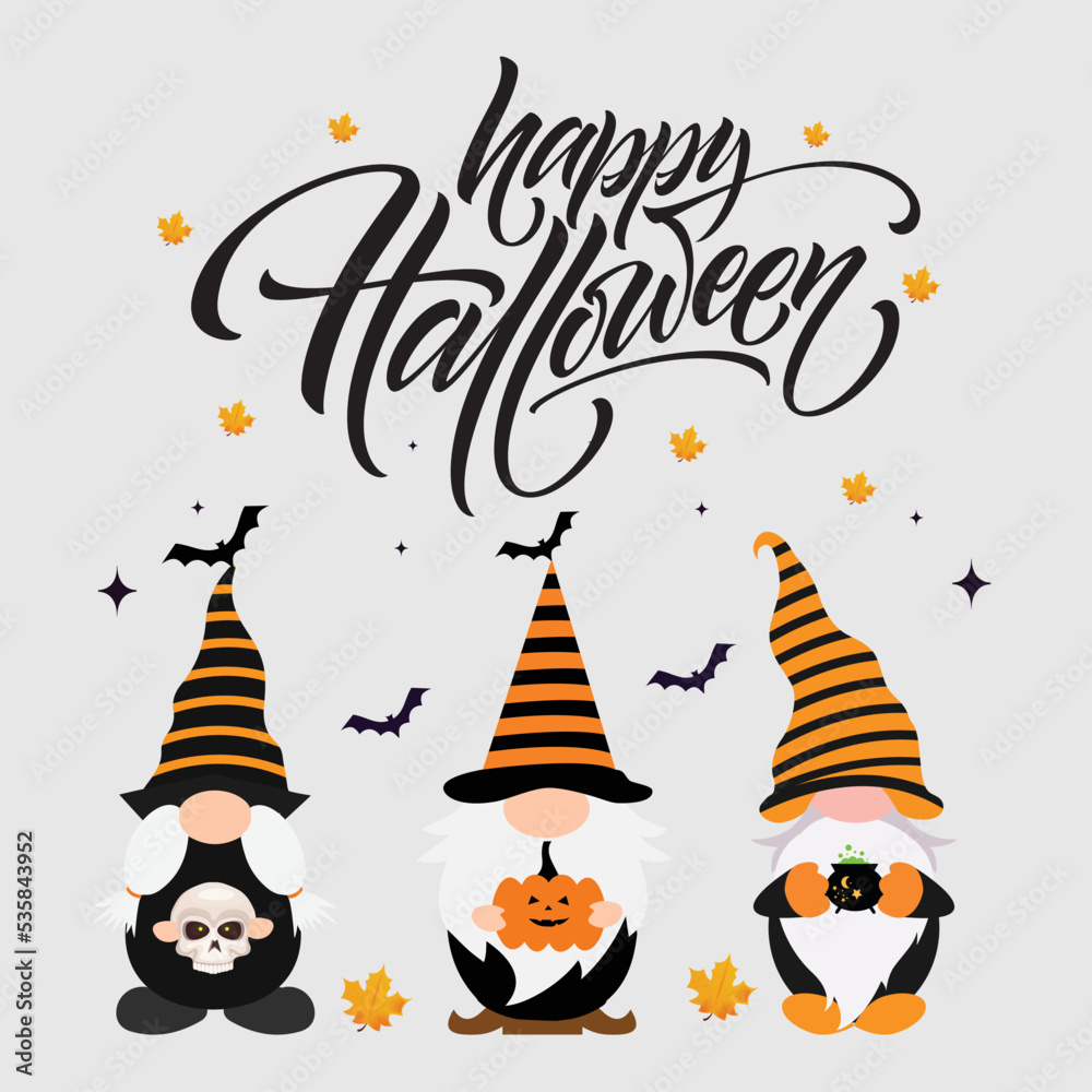 three Halloween gnomes witch hats, cauldron pumpkins vector illustration