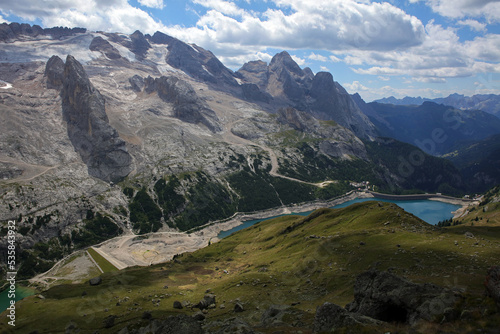 Marmolada Peak and Fedaia Lake (Lago di Fedaia), Dolomites, Italy