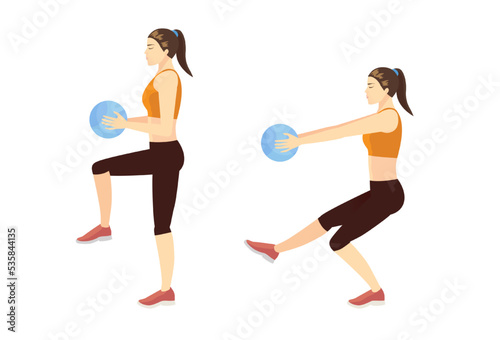 Sport women doing Exercise by Medicine Ball Figure 8 pose. Guide for a workout in correct steps. soft gym equipment.