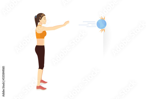 Sportswomen throw the ball straight and forward against the wall for catching the ball as it bounces back. Medicine Ball Chest Pass exercise. 