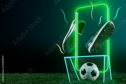 football balls object, sport ball design, football element concept, 3d illustration, abstract football technology, smartphone mobile screen, green grass field, online sport live, casino sport business