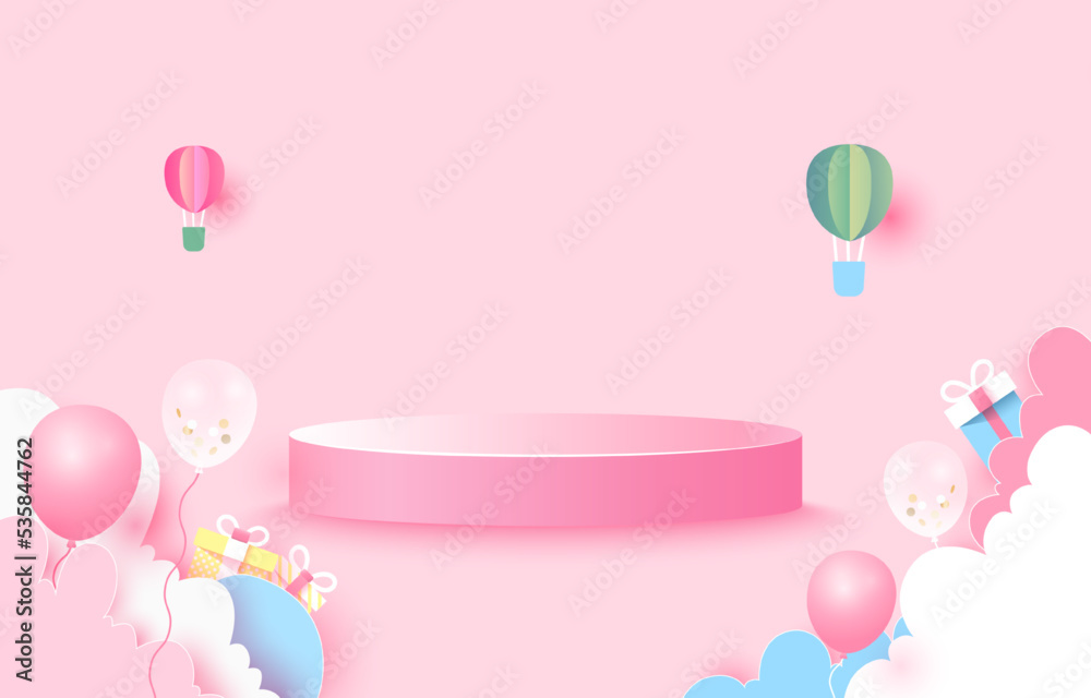 The podium is decorated with balloons, clouds, gift boxes.