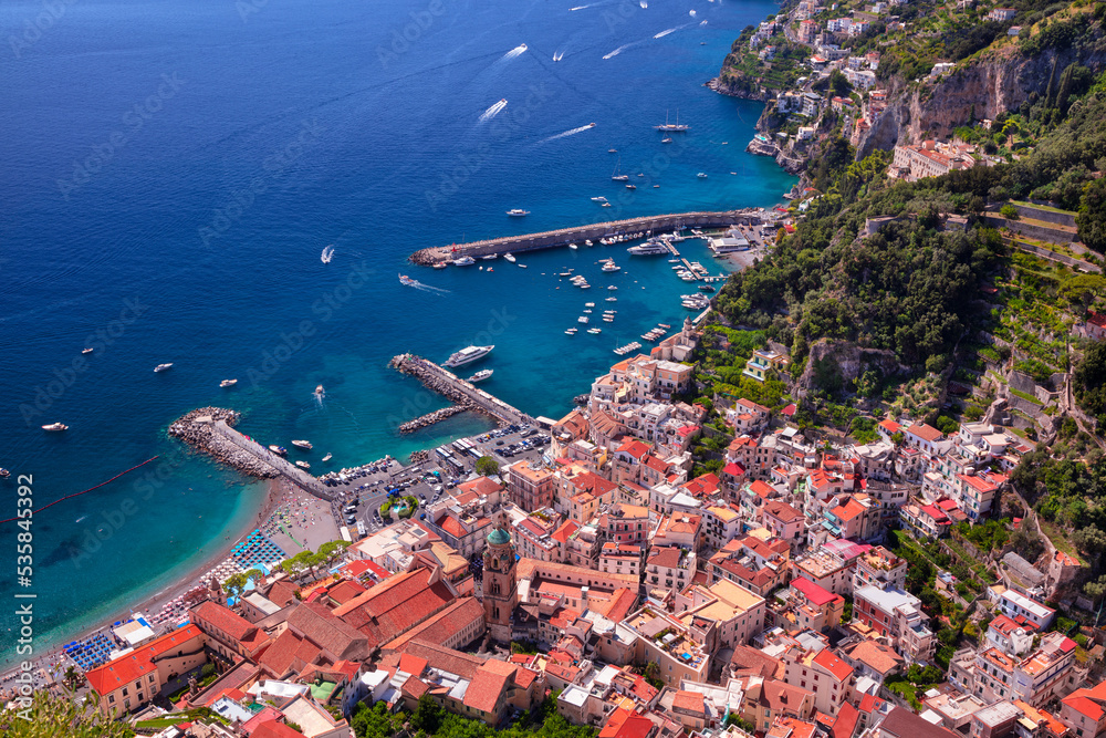 Amalfi, Italy. Aerial cityscape image of famous city Amalfi located on Amalfi Coast, Italy at sunny summer day.
