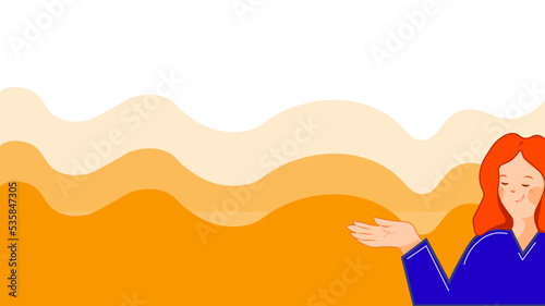 vector flat illustration. the girl points to something. business illustration. expression of opinion. vector illustration of a girl showing something on a yellow background