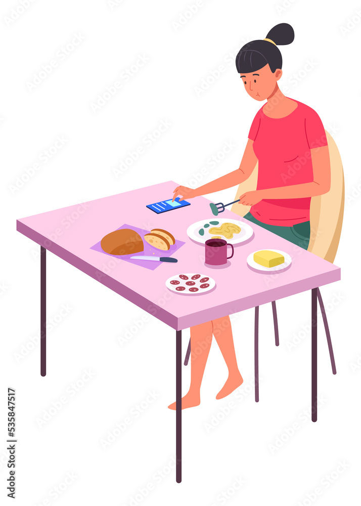Girl eating and using smartphone. Digital addiction concept Girl eating and using smartphone. Digital addiction concept