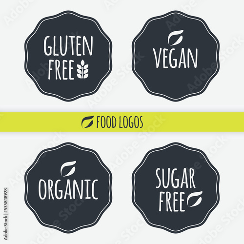 Gluten Free, Vegan, Organic, Sugar Free vector icon. Isolated grey white label set. Symbol for food, healthy eating, product, sticker, allergy, diet, design element