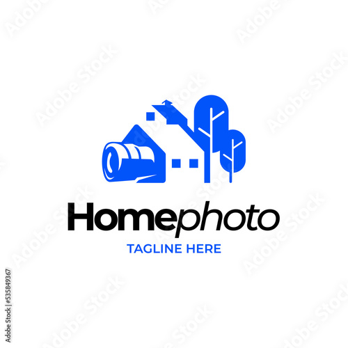  modern, clean and unique logo that combines a house with a camera or video, House and lens logo illustration with tree scene