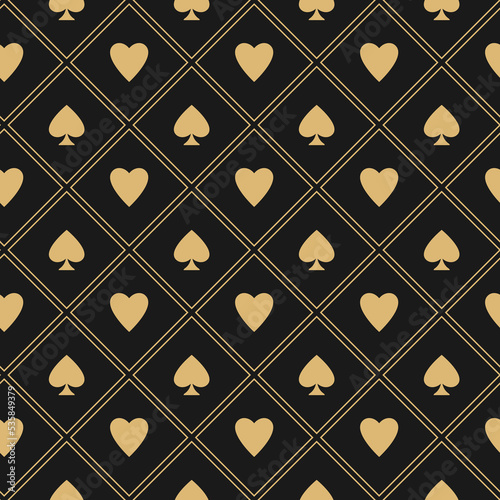 Golden seamless pattern with card suits - hearts, clubs, spades and diamonds. Casino gambling, poker wallpaper. Alice in wonderland ornament on black background