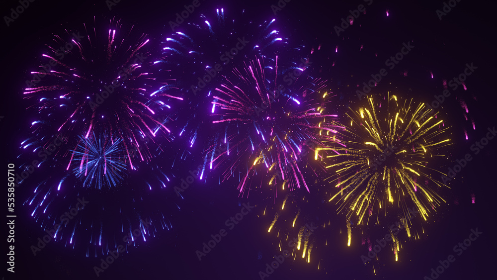 Festive fireworks show, firecrackers in the night sky. Happy celebration, joy and fun atmosphere. New Year's Eve. Creative Christmas background. 3d rendering - obrazy, fototapety, plakaty 