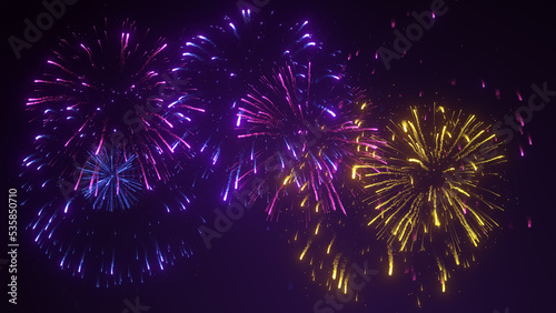 Festive fireworks show, firecrackers in the night sky. Happy celebration, joy and fun atmosphere. New Year's Eve. Creative Christmas background. 3d rendering photo