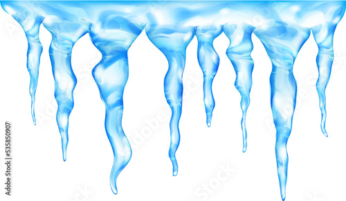 Group of light blue realistic icicles of different lengths, connected at the top