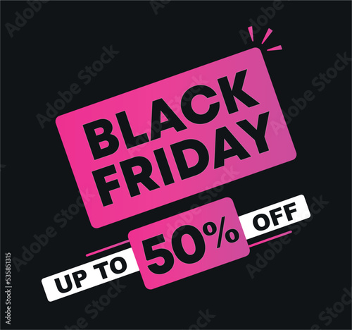 50% off. Vector illustration Black Friday for sales. Price discount ad. Campaign for stores, retail. For social media, poster.