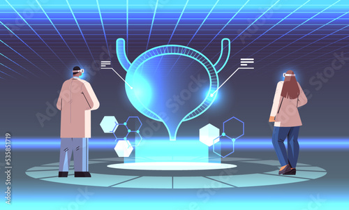 doctors in digital glasses looking at virtual detailed explanation anatomical urinary bladder internal organ vr vision metaverse