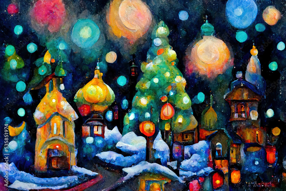 Hintergrund mit Weihnachtsdekoration, Dorf mit geschmückten Christbäumen und Schnee 