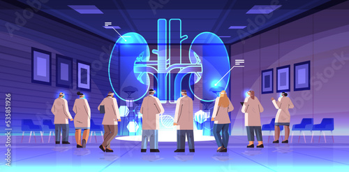 doctors in digital glasses looking at virtual detailed explanation anatomical kidneys internal organ vr vision metaverse