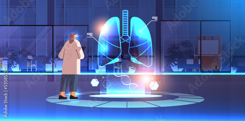 doctor in digital glasses looking at virtual detailed explanation anatomical lungs internal organ vr vision metaverse
