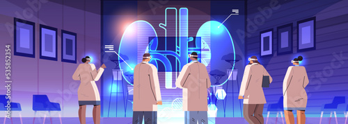 doctors in digital glasses looking at virtual detailed explanation anatomical kidneys internal organ vr vision metaverse
