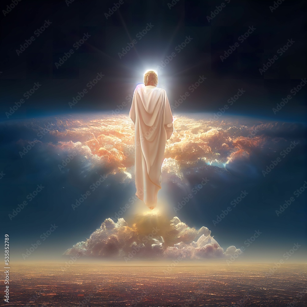 Image Of Jesus Walking In The Clouds Illustration of a dramatic scene of Jesus Christ walking over the