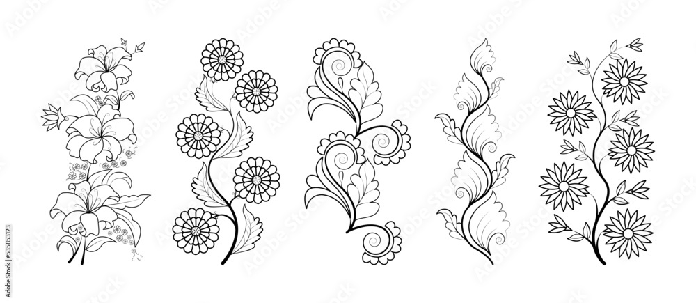 Set of floral line art hand drawn simple flower coloring pages for kids ...