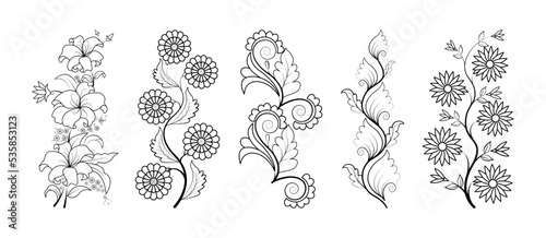 Set of floral line art hand drawn simple flower coloring pages for kids and adult