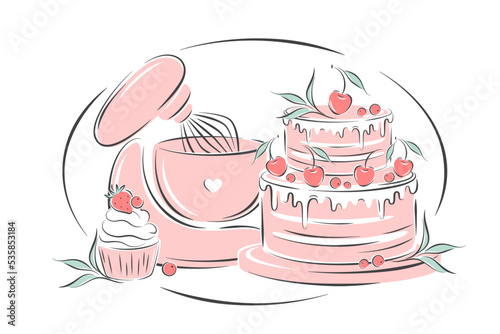 Planetary stationary dough mixer, cake, cupcake and berries. Cake shop logo. Vector illustration on white background for menu, recipe book, baking shop.