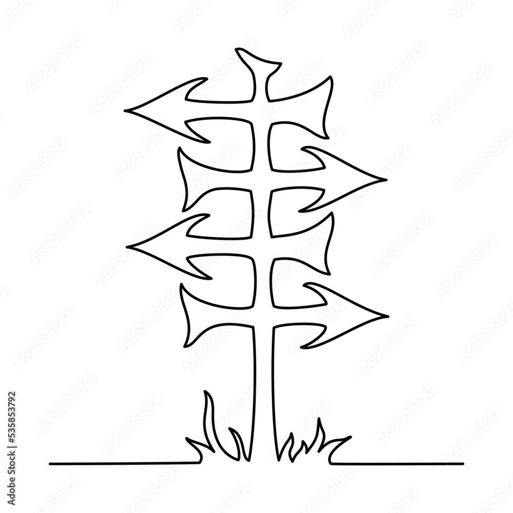 Road Sign Left and Right four Arrows Continuous Line Drawing in One Line Vector Illustration Isolated on a white background. Road Sign Left and Right four Arrows Continuous Line Drawing in One Line Vector Illustration Isolated on a white background.