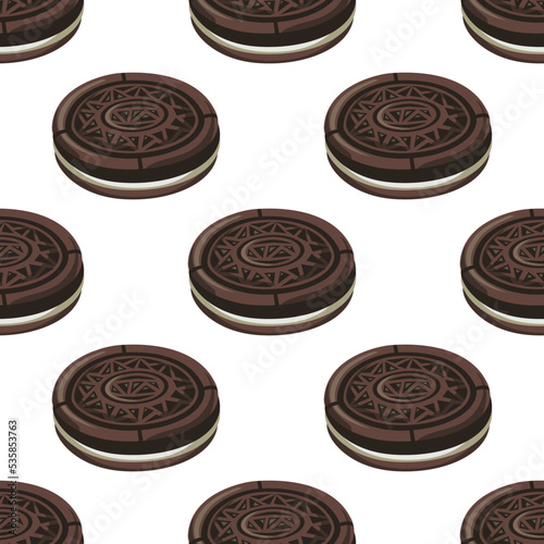 Sweet chocolate round biscuits. Oreos. White seamless pattern. Vector