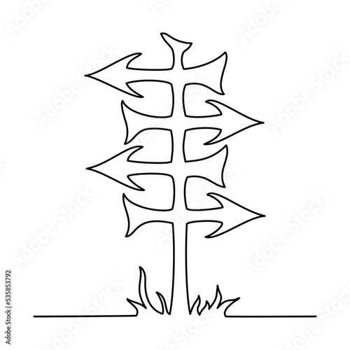 Road Sign Left and Right four Arrows Continuous Line Drawing in One Line Vector Illustration Isolated on a white background.