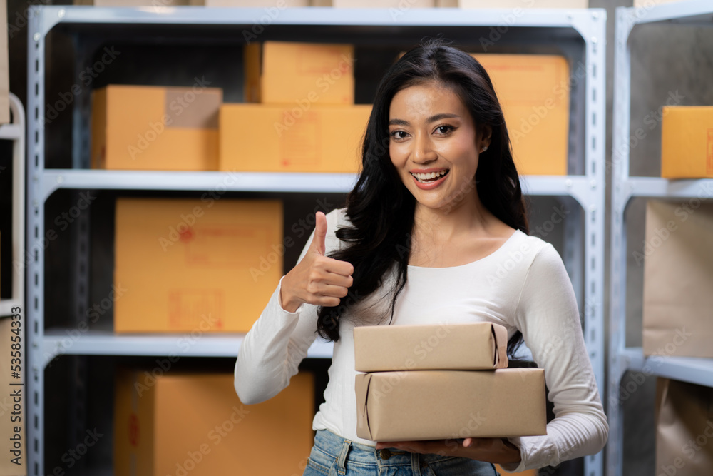 Delivery business female with laptop and using smartphone in the warehouse Delivery business female with laptop and using smartphone in the warehouse