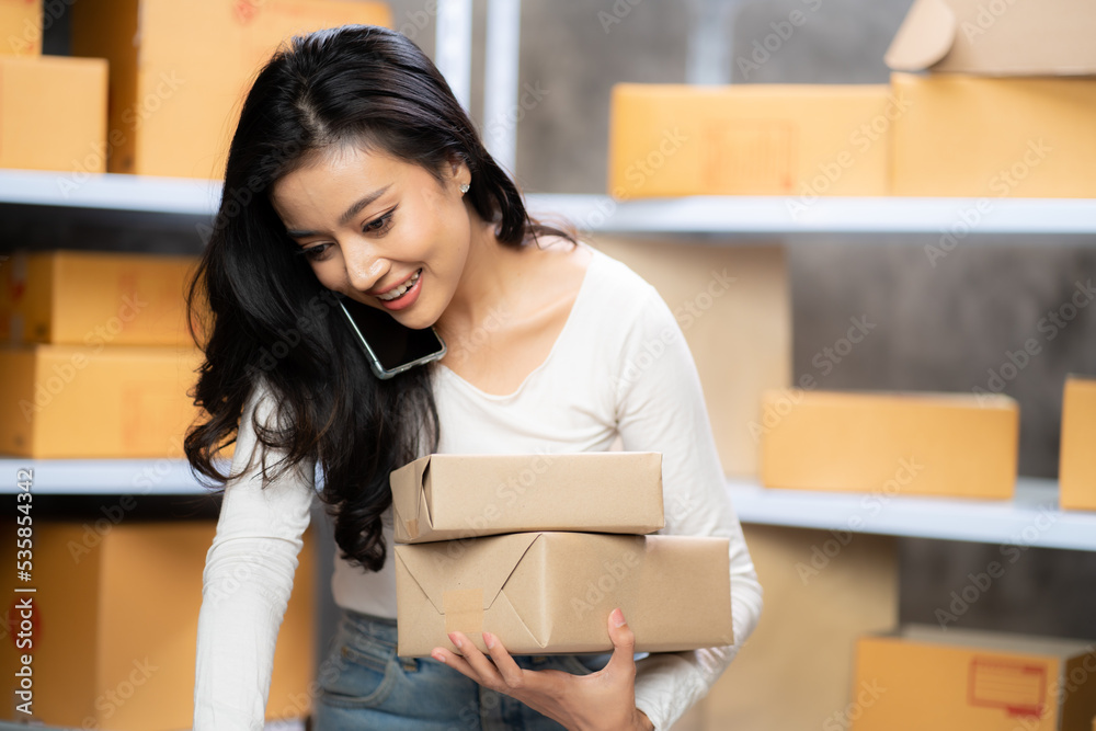 Delivery business female with laptop and using smartphone in the warehouse Delivery business female with laptop and using smartphone in the warehouse