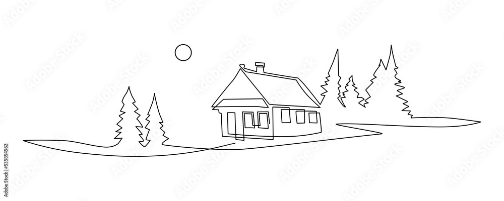 Small lonely wooden house in the Spruce forest. Landscape at sunset Continuous line drawing illustration.