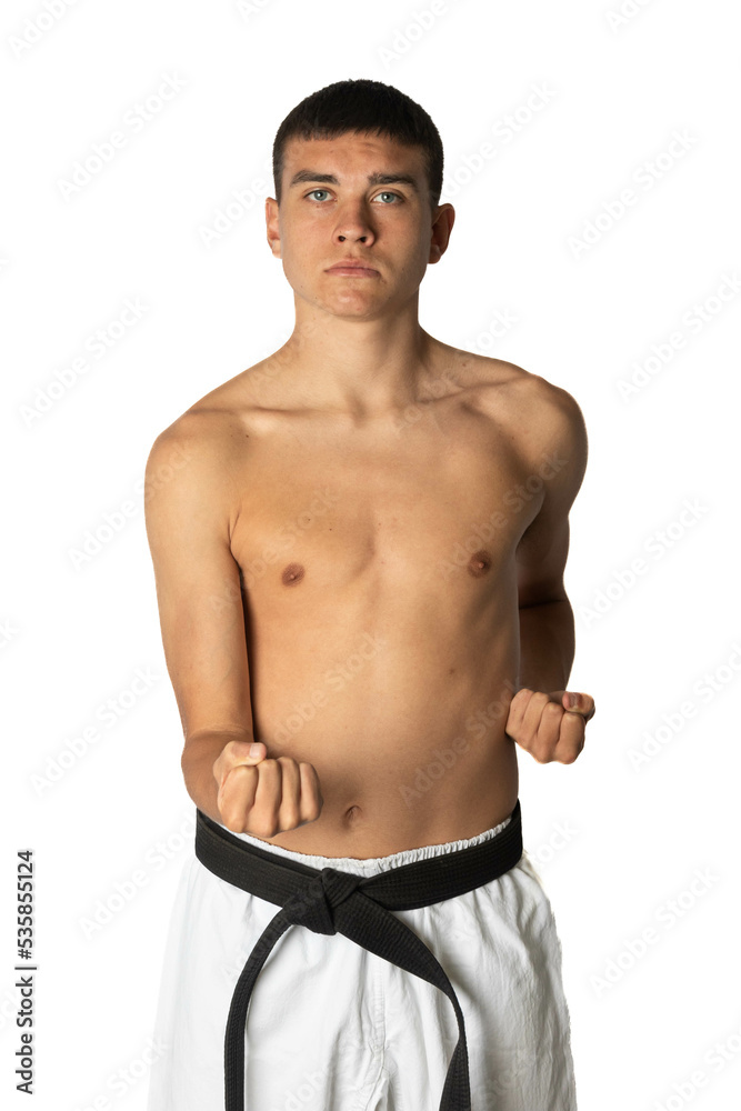 Fototapeta premium A Shirtless 19 Year Old Practacing a Karate Short Punch