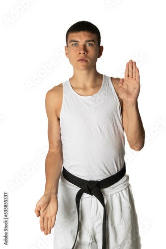 Teenage boy doing a karate block photo