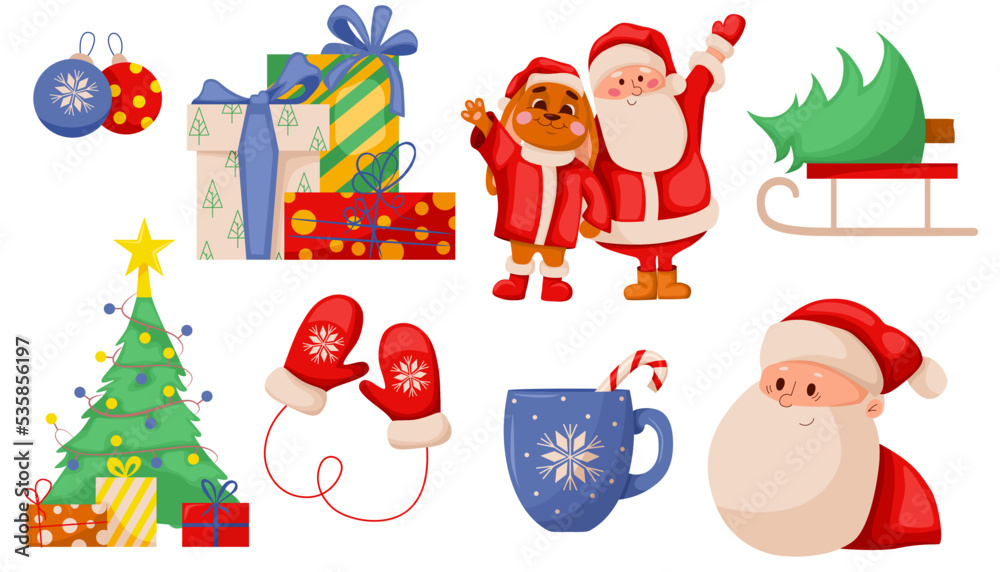 Set of New Year items. Santa, Christmas tree, mittens, gifts. Symbol of the new year 2023. New Year and Christmas stickers isolated on white background. Winter holidays. Set of New Year items. Santa, Christmas tree, mittens, gifts. Symbol of the new year 2023. New Year and Christmas stickers isolated on white background. Winter holidays.
