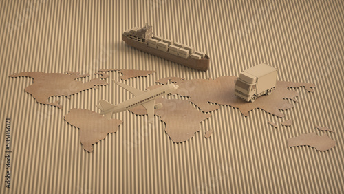 Airplane, ship, truck and world map made of cardboard World map made of corrugated fiberboard. 3d illustration